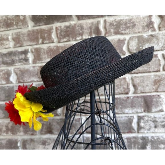 VTG The Scala Collection Black Straw Weave Hat Flower Embellishments Cru… - Picture 3 of 12